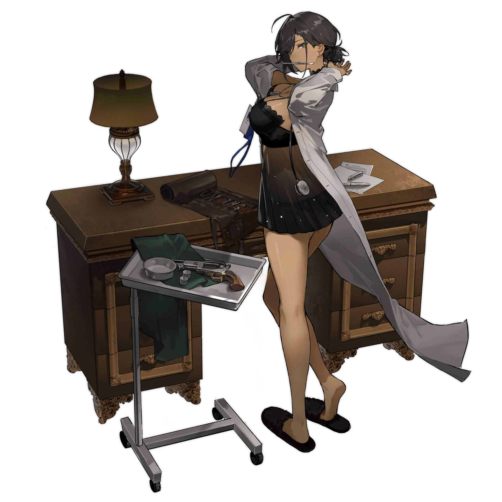 1girl babydoll from_behind bahao_diqiu black_choker black_hair black_nails black_panties black_ribbon breasts choker clipboard colt_walker colt_walker_(girls'_frontline) colt_walker_(pillow_talk_with_maggie)_(girls'_frontline) cup dark-skinned_female dark_skin desk drawer earrings eyebrows_hidden_by_hair girls'_frontline green_eyes grin highres holding holding_clipboard id_card jewelry lab_coat lace lace_choker lace_trim lamp lanyard large_breasts looking_at_viewer medium_hair necklace necklace_between_breasts official_alternate_costume official_art panties paper pen ribbon scalpel slippers smile standing stethoscope stud_earrings tools towel transparent_background tray tsurime tying_hair underwear wooden_desk