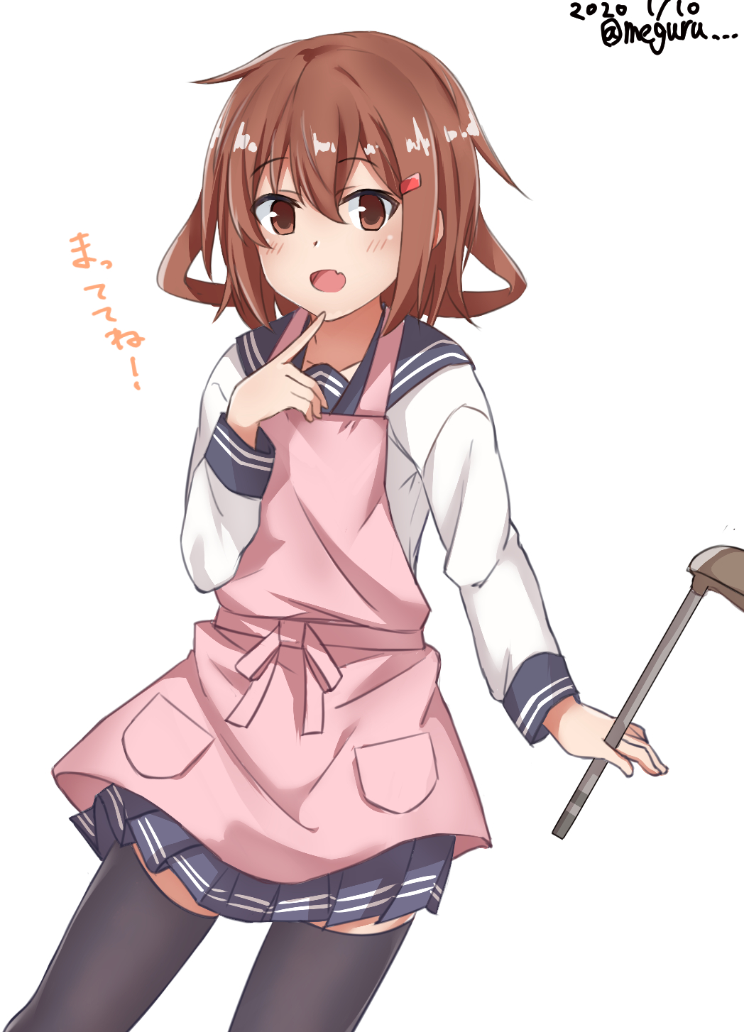 1girl apron black_thighhighs blush brown_eyes brown_hair dated female_focus hair_ornament hairclip highres ikazuchi_(kancolle) kantai_collection ladle long_sleeves meguru_(megurunn) neckerchief one-hour_drawing_challenge open_mouth pleated_skirt school_uniform serafuku short_hair simple_background skirt smile solo thighhighs white_background
