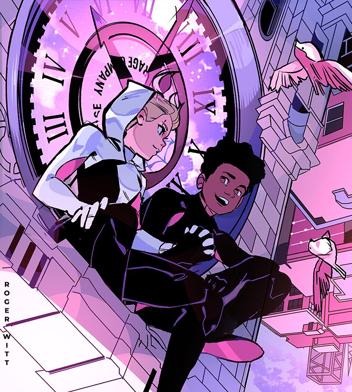 1boy 1girl artist_name bird black_bodysuit black_hair blonde_hair bodysuit brown_eyes building city clock clock_tower closed_mouth cloud cloudy_sky dark-skinned_male dark_skin gwen_stacy hetero holding_hands hood hood_up hooded_bodysuit knee_up limited_palette marvel miles_morales open_mouth rogerwitt roman_numeral short_hair sitting sky smile spider-gwen spider-man:_across_the_spider-verse spider-man_(miles_morales) spider-man_(series) spider-verse superhero_costume tower upside-down very_dark_skin white_bodysuit