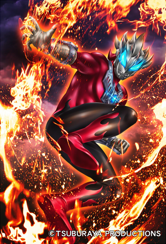 1boy alien batayan black_skin blue_eyes clenched_hand cloud cloudy_sky color_timer colored_skin commentary_request fire floating flying_kick glowing glowing_eyes kicking male_focus multicolored_skin muscular muscular_male no_pupils official_art red_skin silver_skin sky solo spiked tokusatsu ultra_series ultraman_geed ultraman_geed_(series)