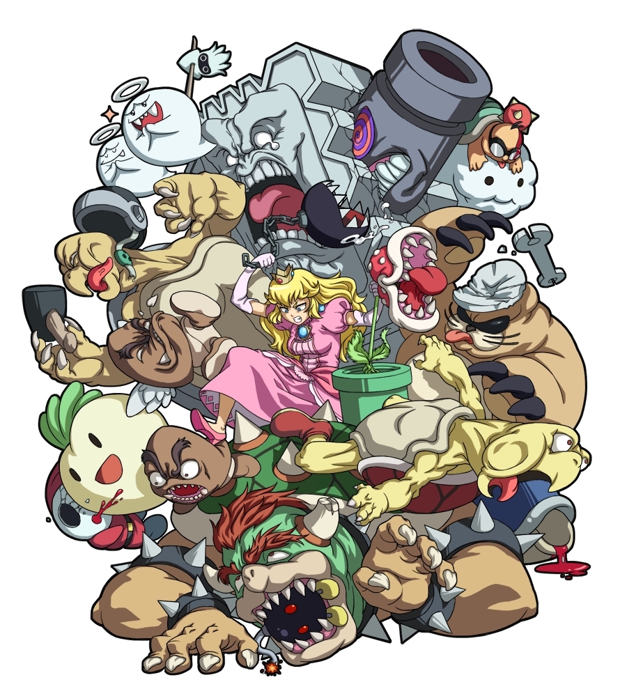 1girl armlet attack bad_id bad_pixiv_id beaten blood blooper_(mario) bob-omb boo_(mario) bowser broken bullet_bill buzzy_beetle chain_chomp cloud crack demiano fighting ghost goomba halo hammer_bro injury jewelry koopa_troopa lakitu mario_(series) nintendo pink_shoes piranha_plant princess princess_peach rocky_wrench role_reversal shoes shy_guy spiny_egg super_mario_bros._2 super_princess_peach teeth thwomp tongue turnip violence wrench