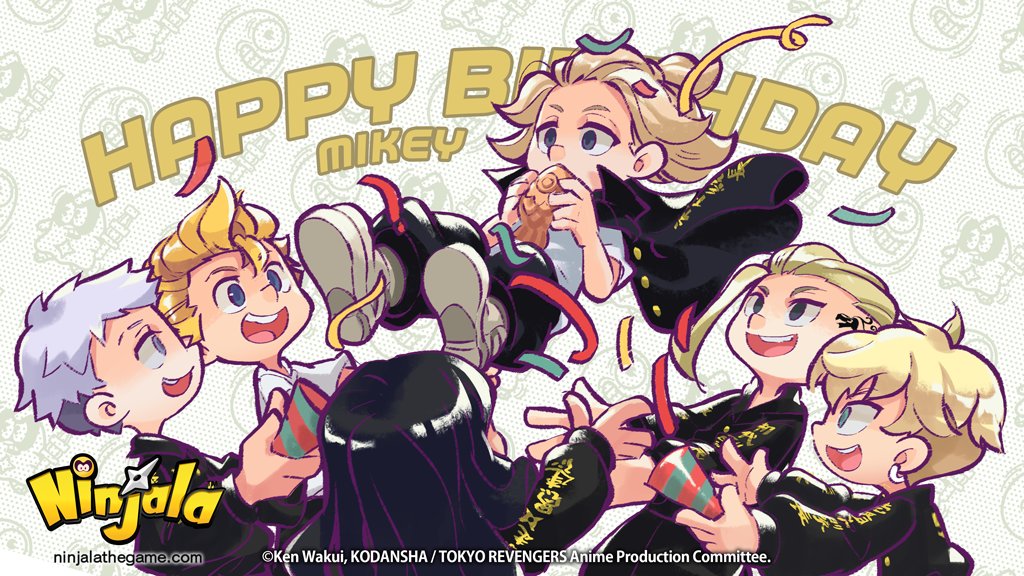 6+boys baggy_pants baji_keisuke belt black_hair black_sleeve_cuffs blonde_hair blue_eyes blue_pupils braid braided_ponytail buttons character_name coat commentary company_name confetti copyright_name copyright_notice dragon_tattoo earrings english_commentary english_text eyebrow_cut food gold_buttons green_eyes grey_eyes grey_hair grey_shoes gumchi gungho halftone halftone_background hanagaki_takemichi happy_birthday head_tattoo high_collar holding holding_party_popper jacket jacket_on_shoulders jewelry logo long_hair looking_at_viewer male_focus matsuno_chifuyu medium_hair mitsuya_takashi multiple_boys ninjala official_art open_clothes open_jacket open_mouth outline pants party_popper pocket polka_dot polka_dot_background popped_collar print_jacket print_pants print_sleeves profile purple_outline rianti-wong ryuuguuji_ken sano_manjirou second-party_source shirt shoes short_hair shuriken simple_background single_earring taiyaki tattoo teeth text_print tokkoufuku tokyo_revengers tongue translation_request upper_teeth_only wagashi watermark weapon web_address white_belt white_shirt white_sleeves