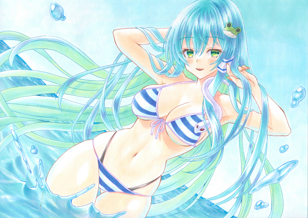 1girl :d adjusting_hair bikini blue_stripes blush breasts cleavage commentary_request cowboy_shot floating_hair frog_hair_ornament front-tie_bikini_top front-tie_top gluteal_fold green_eyes grey_hair hair_between_eyes hair_ornament hair_tubes hands_up in_water kirishima_(manatsuya) kochiya_sanae large_breasts long_hair looking_at_viewer marker_(medium) navel open_mouth sidelocks signature simple_background single_hair_tube sky smile snake_hair_ornament solo splashing stomach striped_bikini striped_clothes swimsuit thick_thighs thighs touhou traditional_media vertical-striped_bikini vertical-striped_clothes water white_bikini