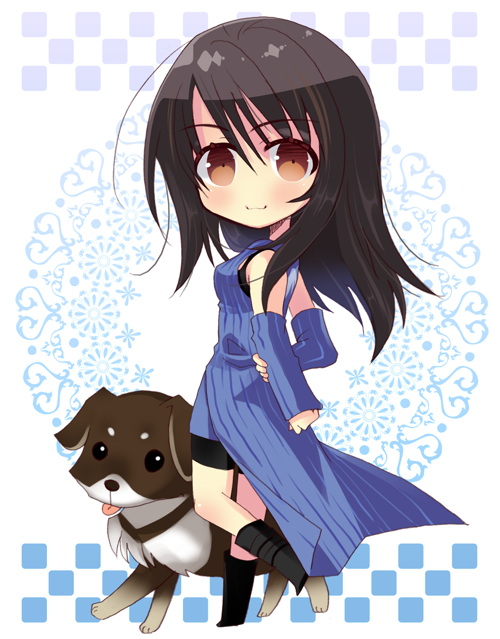 2girls :3 angelo_(ff8) arm_warmers arms_behind_back bare_shoulders black_footwear black_hair black_shirt black_shorts blue_cardigan blue_skirt blush breasts brown_eyes brown_hair cardigan chibi dog final_fantasy final_fantasy_viii full_body hair_between_eyes highres izumi_makoto long_hair looking_at_viewer medium_breasts multicolored_hair multiple_girls redrawn rinoa_heartilly shirt shorts skirt sleeveless sleeveless_shirt smile streaked_hair tongue tongue_out