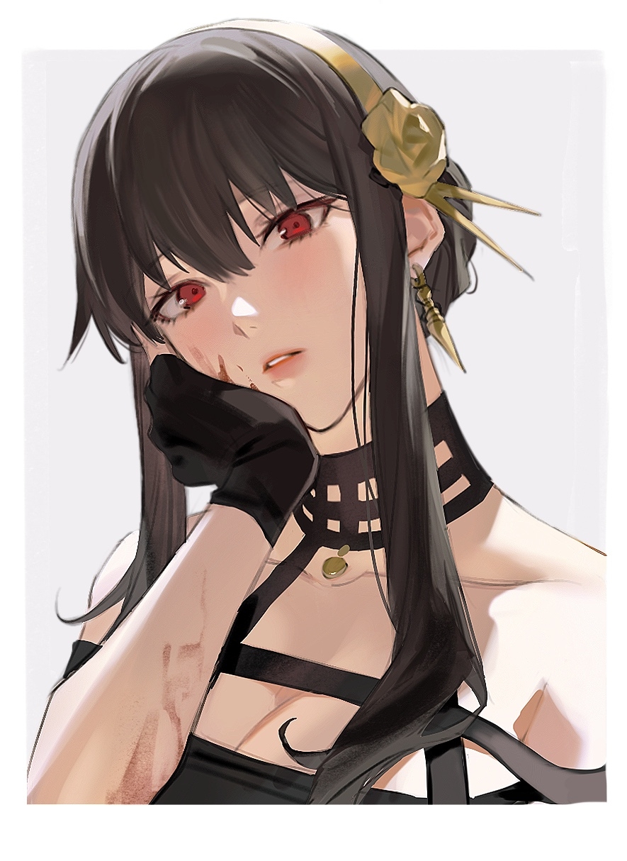 1girl bare_shoulders black_dress black_gloves black_hair blood blood_on_face blush breasts cleavage collarbone dress earrings fingerless_gloves flower gloves gold_earrings gold_hairband hair_between_eyes hair_flower hair_ornament hairband hand_on_own_cheek hand_on_own_face head_tilt highres jewelry large_breasts long_hair looking_at_viewer parted_lips red_eyes rose ru_(famia) sidelocks simple_background solo spy_x_family upper_body yor_briar