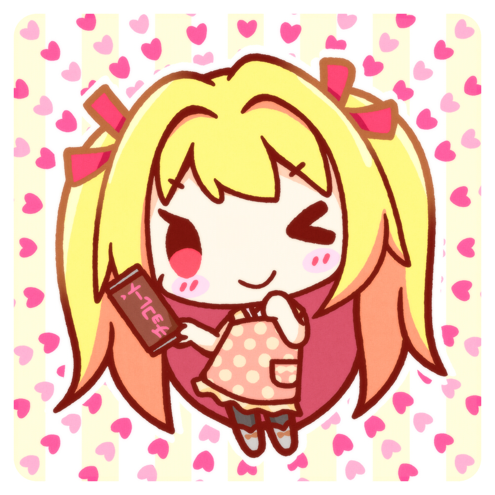 apron blonde_hair blush blush_stickers candy chibi chibi_only chocolate chocolate_bar food hair_intakes hair_ribbon hand_up heart heimwelt irotoridori_no_sekai nikaidou_shinku one_eye_closed pink_apron red_eyes red_ribbon ribbon two_side_up valentine