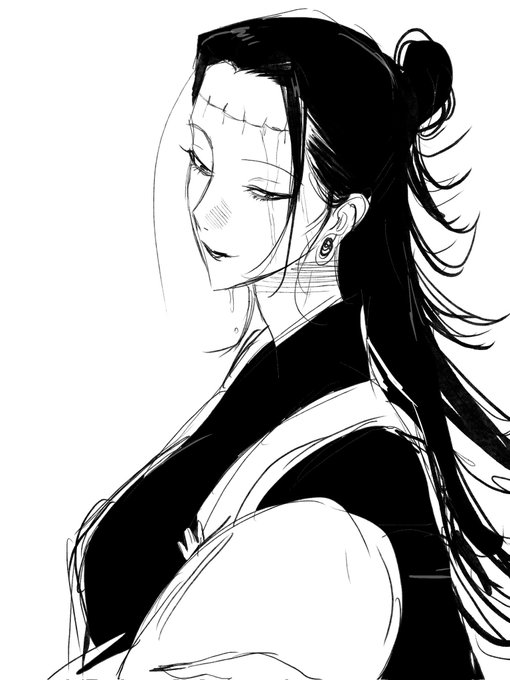 1girl baby black_hair black_robe carrying_baby carrying_person earrings fallsoki genderswap genderswap_(mtf) getou_suguru getou_suguru_(kenjaku) hair_bun head_tilt jewelry jujutsu_kaisen long_earlobes looking_down robe stitches