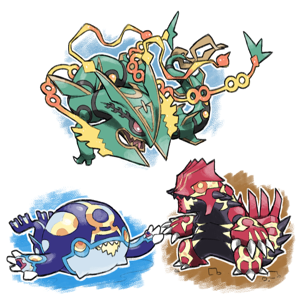 animal_focus black_teeth blacknirrow claws colored_sclera dragon eastern_dragon gen_3_pokemon groudon kyogre legendary_pokemon mega_pokemon mega_rayquaza nintendo no_humans open_mouth orange_eyes outline pokemon pokemon_(creature) pokemon_focus primal_groudon primal_kyogre rayquaza red_eyes sharp_teeth shirt spikes teeth white_outline white_shirt yellow_sclera