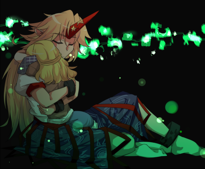 2girls barefoot black_background blonde_hair cuffs closed_eyes female_focus horns hoshiguma_yuugi hug light_particles long_hair mizuhashi_parsee multiple_girls pointy_ears shackles short_hair short_sleeves single_horn star_(symbol) touhou yadokari yadokari_(yadokani) yuri