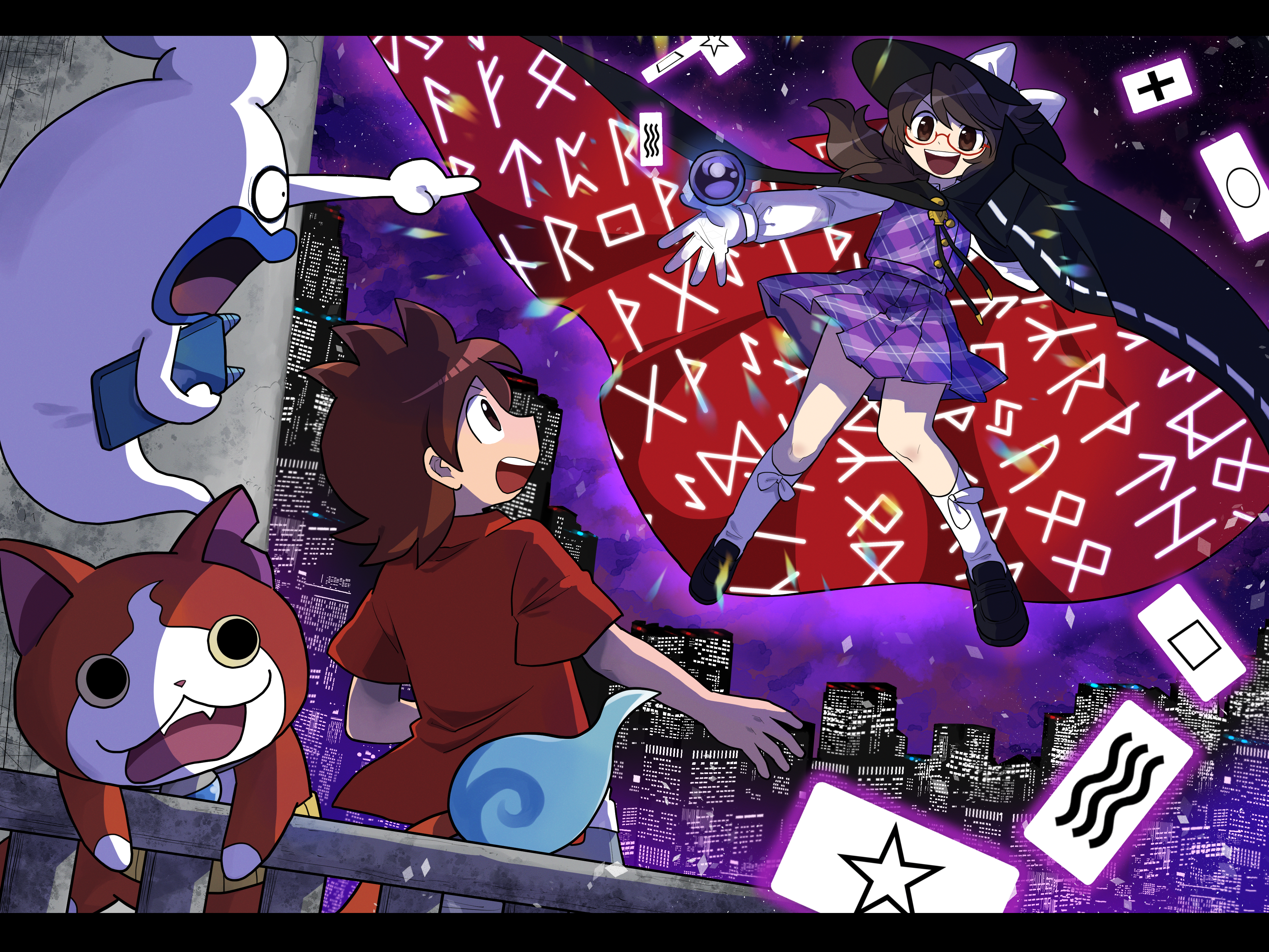 1boy 1girl absurdres amano_keita black_cape bolo_tie bow brown_hair building cape city commission crossover dress fedora floating furukawa_(yomawari) glasses gloves hat hat_bow highres jibanyan loafers occult_ball open_mouth pixiv_commission plaid_clothes plaid_skirt plaid_vest purple_vest quimbaya_airplane red-framed_eyewear red_shirt runes semi-rimless_eyewear shirt shoes skirt skyscraper surprised tablet_pc touhou under-rim_eyewear urban_legend_in_limbo usami_sumireko vest whisper_(youkai_watch) white_gloves youkai_(youkai_watch) youkai_pad youkai_watch zener_card