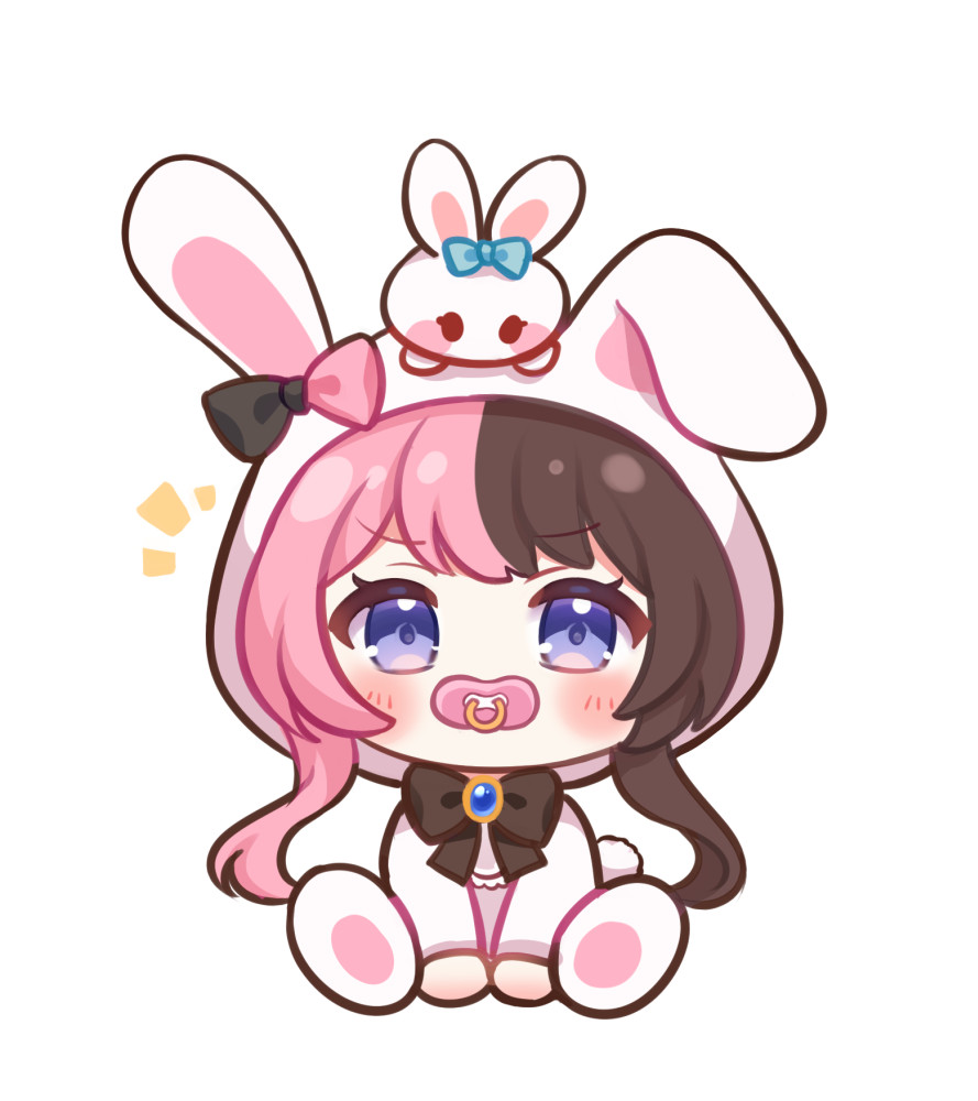 1girl animal_hood animal_shoes bib black_bow black_bowtie blue_bow blush bow bowtie brown_hair chibi chibi_only hood long_hair long_sleeves looking_at_viewer multicolored_hair nikoo pacifier pink_hair purple_eyes rabbit rabbit_hood simple_background sitting split-color_hair tachibana_hinano two-tone_hair virtual_youtuber vspo! white_background white_hood white_rabbit_(animal)