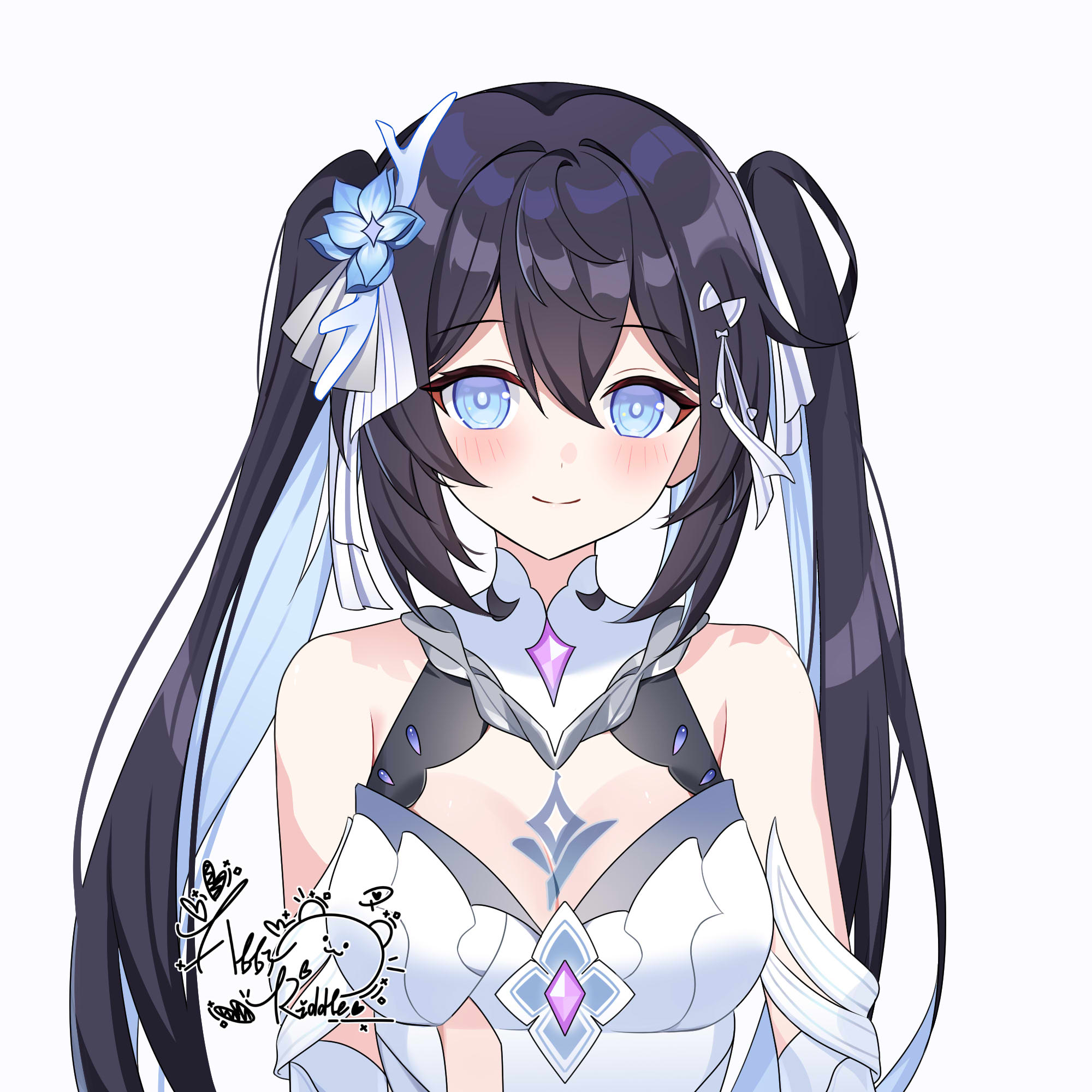 1girl abby_riddle alternate_hairstyle artist_logo bare_shoulders black_hair blue_eyes blue_flower blue_hair body_markings breasts chinese_commentary closed_mouth colored_inner_hair commentary_request flower hair_flower hair_ornament highres honkai_(series) honkai_impact_3rd logo long_hair multicolored_hair seele_vollerei seele_vollerei_(herrscher_of_rebirth) sidelocks simple_background small_breasts smile solo twintails upper_body white_background
