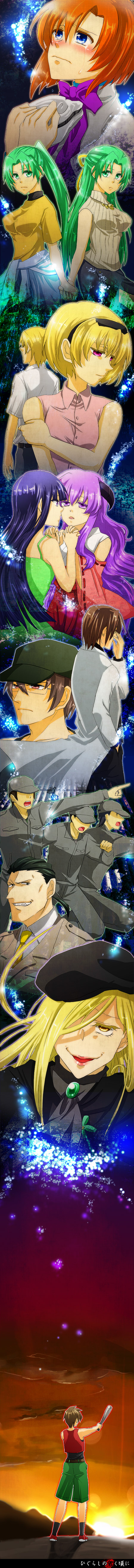 6+boys 6+girls absurdres baseball_bat blonde_hair blue_hair brown_hair crazy_smile crying everyone faceless faceless_male furude_rika glasses green_hair hanyuu hat highres higurashi_no_naku_koro_ni holding_hands horns houjou_satoko houjou_satoshi irie_kyousuke japanese_clothes kaminokago long_hair long_image looking_at_viewer maebara_keiichi miko multiple_boys multiple_girls okonogi_tetsurou purple_eyes ryuuguu_rena siblings sisters smile sonozaki_mion sonozaki_shion sunset takano_miyo tall_image tomitake_jirou twins