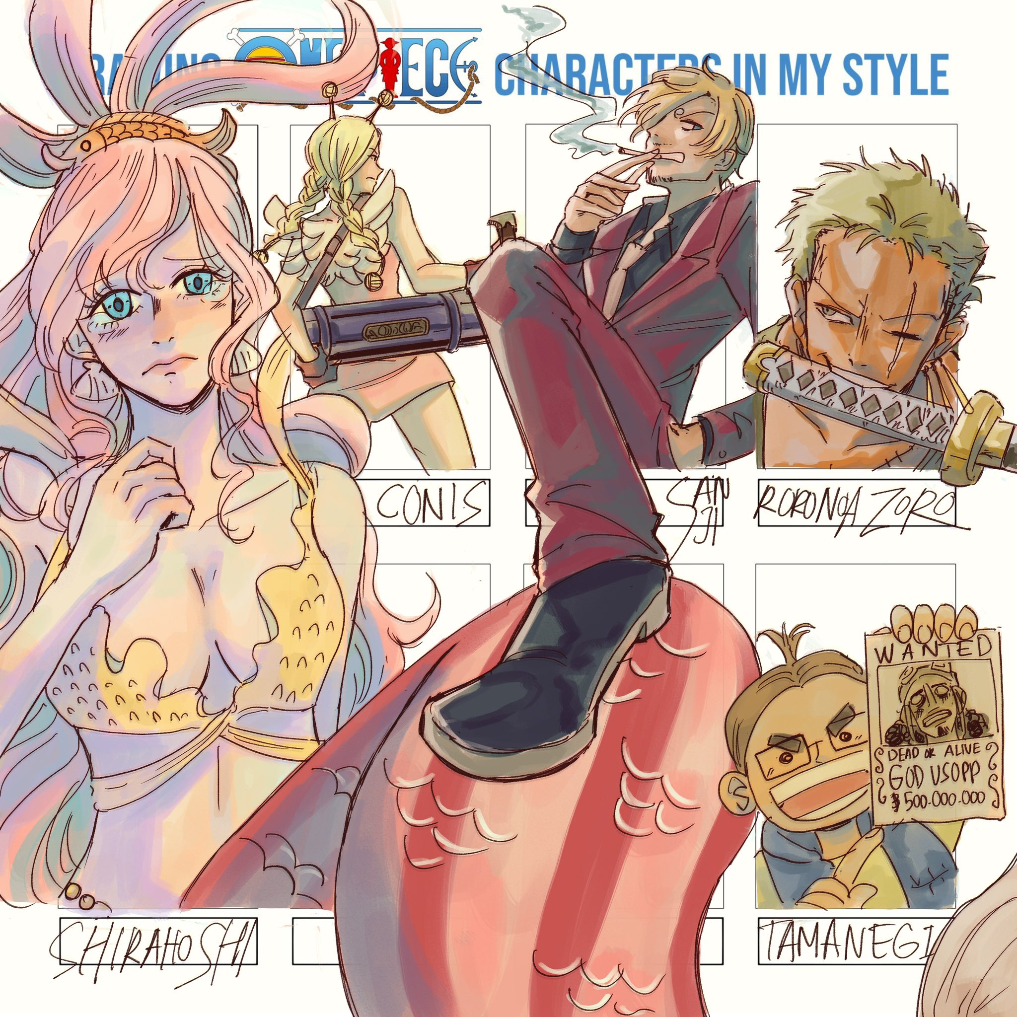 2girls 3boys antenna_hair avaxxah back bikini black_shoes blonde_hair blue_eyes braided_twintails brown_hair character_name cigarette commentary conis_(one_piece) curly_eyebrows dress earrings english_commentary facial_hair fish_hair_ornament glasses gloves goatee green_hair hair_ornament hand_in_pocket highres holding holding_cigarette jewelry mermaid monster_girl multiple_boys multiple_drawing_challenge multiple_girls necktie one_piece pink_dress pink_hair roronoa_zoro sanji_(one_piece) scar scar_on_face shell shell_earrings shirahoshi shoes short_dress short_eyebrows short_hair sidelocks smile swimsuit tamanegi_(one_piece) tears usopp wanted_poster weapon_in_mouth white_necktie white_wings wings yellow_bikini