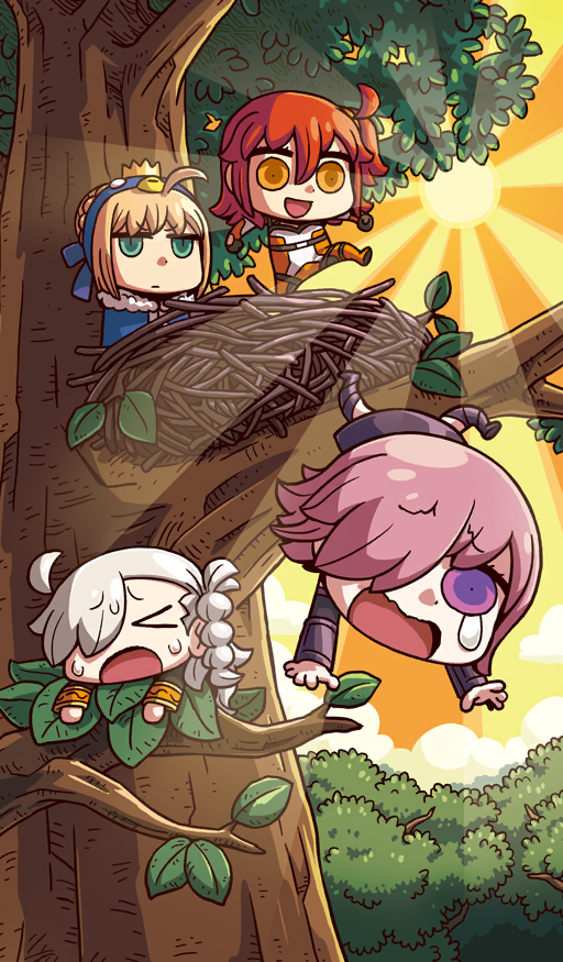 &gt;_&lt; 4girls ahoge artoria_pendragon_(fate) blue_cape blue_hairband bun_with_braided_base cape chibi chibi_only chinese_zodiac closed_eyes commentary crown crying crying_with_eyes_open day expressionless falling fate/grand_order fate_(series) fujimaru_ritsuka_(female) fujimaru_ritsuka_(female)_(chaldea_combat_uniform) hair_over_one_eye hairband kicking light_rays mash_kyrielight mash_kyrielight_(demi-servant) medium_hair midair mini_person minigirl multiple_girls nest official_art olga_marie_animusphere one_side_up open_mouth orange_eyes orange_hair outdoors pink_hair purple_eyes riyo_(lyomsnpmp) saber_(fate) short_hair sidelocks smile sun sunbeam sunlight tears third-party_source tree white_hair year_of_the_rooster