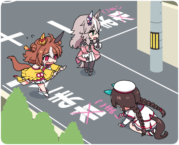 1koma 3girls ahoge animal_ears beret black_pantyhose braid brown_hair chalk chibi comic copano_rickey_(umamusume) detached_sleeves dress ear_covers flustered flying_sweatdrops frilled_dress frills from_above green_eyes hair_bun hand_up hat hokko_tarumae_(umamusume) horse_ears horse_girl horse_tail intersection jacket kakuchoshi multicolored_hair multiple_girls pantyhose pink_dress pleated_skirt red_eyes seiza single_ear_cover single_hair_bun sitting skirt smile streaked_hair tail twin_braids umamusume utility_pole wall white_hair white_jacket white_skirt wonder_acute_(umamusume) writing yellow_dress