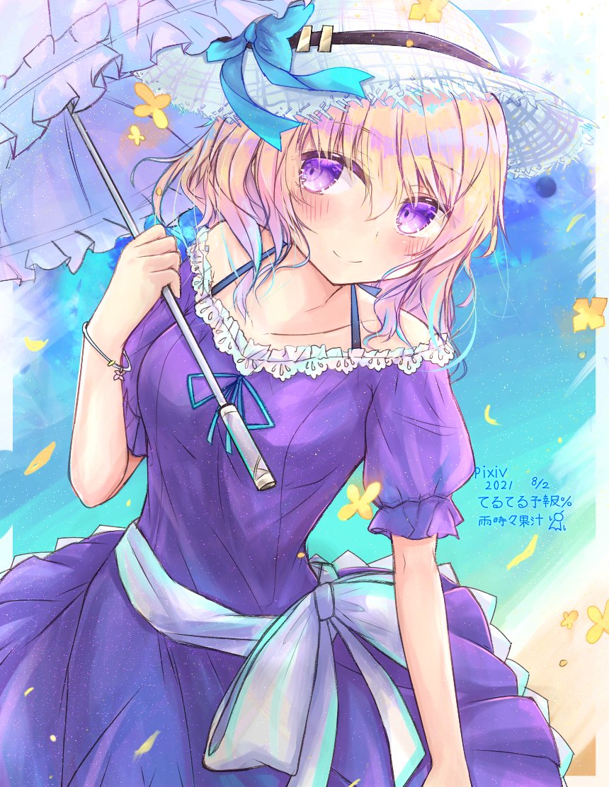 1girl beach black_ribbon black_straps blonde_hair blue_bow blue_ribbon blue_sky blush bow bracelet closed_mouth collarbone commentary_request dress falling_flower falling_petals feet_out_of_frame floating_hair flower frilled_dress frilled_umbrella frills hat hat_bow hat_ribbon head_tilt holding holding_umbrella jewelry looking_at_viewer maribel_hearn medium_hair neck_ribbon off-shoulder_dress off_shoulder parasol petals puffy_short_sleeves puffy_sleeves purple_dress purple_eyes purple_umbrella ribbon sand sash short_sleeves sidelighting sky smile solo split_mouth straw_hat sun swept_bangs teruteruyohou touhou umbrella water white_hat white_sash