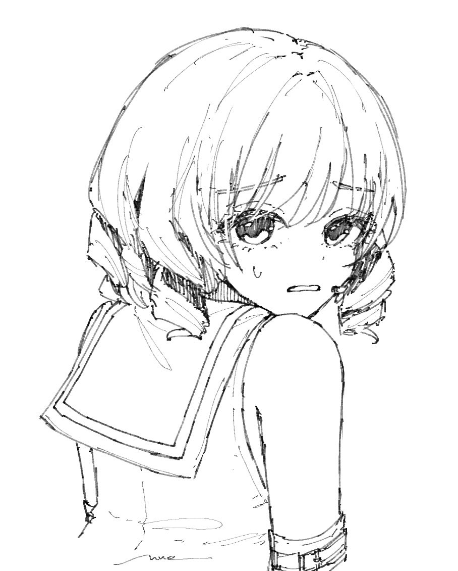 1girl amahara_nue arm_belt artist_name assault_lily belt_buckle buckle commentary_request cropped_torso detached_sleeves drill_hair from_behind greyscale imamura_yukari_(assault_lily) looking_at_viewer looking_back monochrome odaiba_girls_high_school_uniform parted_lips raised_eyebrows sailor_collar school_uniform serafuku shirt short_hair sketch sleeveless sleeveless_shirt solo sweatdrop upper_body