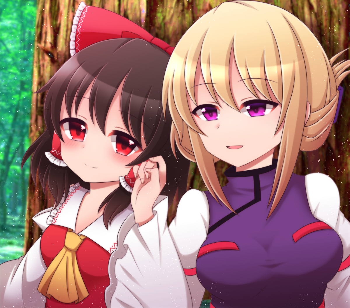 2girls ascot black_hair blonde_hair blush bow breasts collared_shirt commentary_request forest hair_bow hair_tubes hakurei_reimu hand_in_another's_hair medium_breasts multiple_girls nature no_headwear open_mouth purple_eyes red_bow red_eyes red_shirt shiohachi shirt tabard touhou tree updo upper_body wide_sleeves yakumo_yukari yellow_ascot yuri