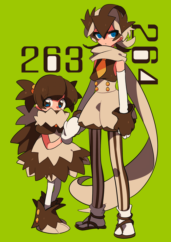 2girls arms_at_sides ascot blue_eyes brown_gloves brown_hair closed_mouth detached_sleeves evolutionary_line full_body game_freak gen_3_pokemon gloves green_background grey_shorts hair_bobbles hair_ornament linoone mittens multiple_girls nintendo pantyhose personification pokedex_number pokemon sameyama_jiro shorts striped_clothes striped_pantyhose white_mittens yellow_ascot zigzagoon