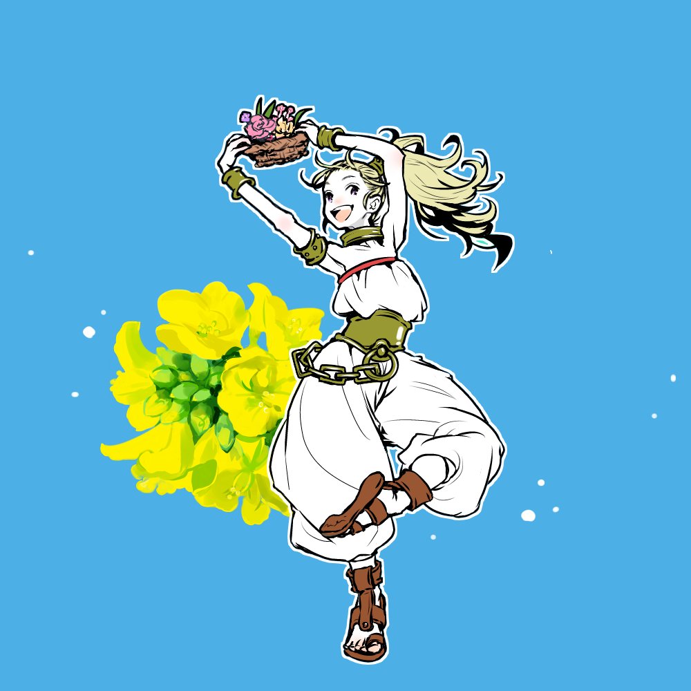 1girl bare_shoulders blonde_hair chrono_trigger commentary flower full_body green_eyes jewelry long_hair looking_at_viewer marle_(chrono_trigger) mochi_(hanamaruudondesu) open_mouth ponytail smile solo