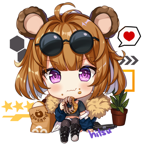 1girl :t aged_down animal_ears antenna_hair bear_ears black-framed_eyewear black_boots black_shirt black_shorts blue_jacket boots brown_hair brown_thighhighs chibi closed_mouth commentary crop_top donut eating eyewear_on_head female_focus food food_on_face full_body girls&#039;_frontline grizzly_mkv_(girls&#039;_frontline) grizzly_mkv_(teddy_transform!)_(girls&#039;_frontline) gun hair_between_eyes handgun heart hitsukuya holding holding_food jacket knee_boots knees_up l.a.r._manufacturing lar_grizzly_win_mag long_sleeves looking_at_viewer name_connection object_namesake off_shoulder official_alternate_costume open_clothes open_jacket pistol purple_eyes shirt short_shorts short_sleeves shorts signature sitting solo spoken_heart star_(symbol) sunglasses symbol-only_commentary thighhighs v-shaped_eyebrows wavy_mouth weapon white_background