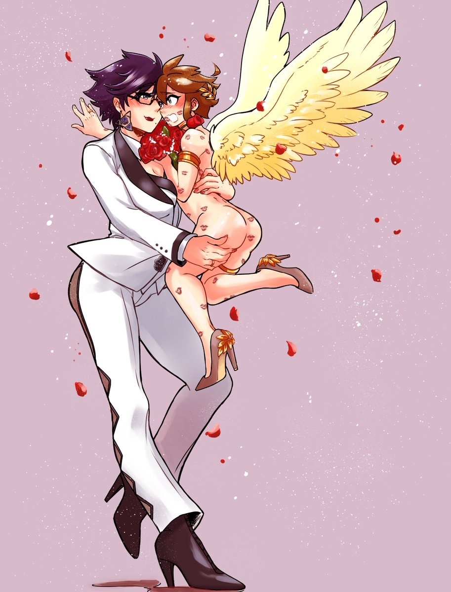 1boy 1girl angel armband ass bayonetta blush bouquet breasts bridal_veil brown_hair clothed_female_nude_male crossdressing crossover dress earrings embarrassed falling_petals femdom flower glasses headdress hetero high_heels highres holding holding_bouquet jacket jewelry kid_icarus large_breasts lifting_person lipstick_mark lipstick_mark_on_ass lipstick_mark_on_face lipstick_mark_on_leg lipstick_mark_on_neck lipstick_mark_on_stomach mole mole_under_mouth nintendo nude open_mouth pants petals pit_(kid_icarus) purple_hair reverse_trap ring role_reversal rose rose_petals shoes short_hair shota size_difference smile soft_sizzle standing suit_jacket super_smash_bros. thick_thighs thighs trap veil wedding_dress wedding_ring white_pants wings