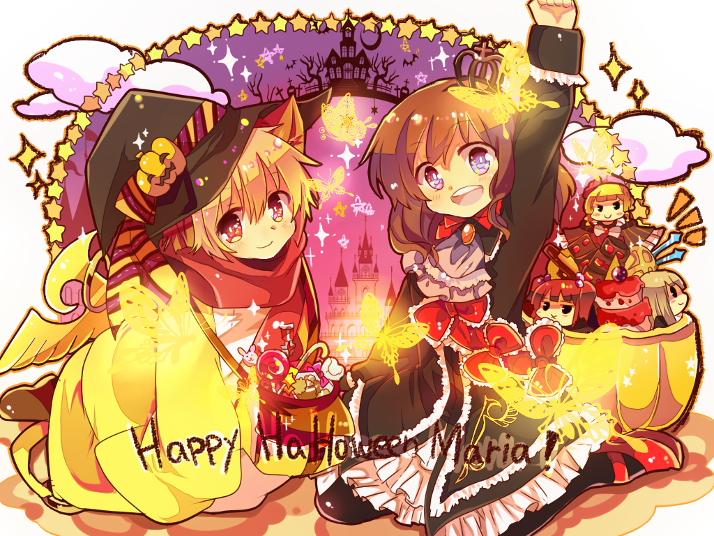 1boy 1girl animal_ears ascot beatrice_(umineko) black_pantyhose blonde_hair blue_eyes bow brown_hair bug butterfly cake candy castle character_doll crown doll dress english_text food halloween hat insect jack-o&#039;-lantern lion_ears lollipop maria_(umineko) matryoshka_(borscht) no_naku_koro_ni_(series) open_mouth pantyhose raised_fist red_eyes sakutarou_(umineko) scarf sitting smile sparkle star_(symbol) swirl_lollipop umineko_no_naku_koro_ni ushiromiya_ange ushiromiya_maria ushiromiya_rosa witch_hat x_mouth