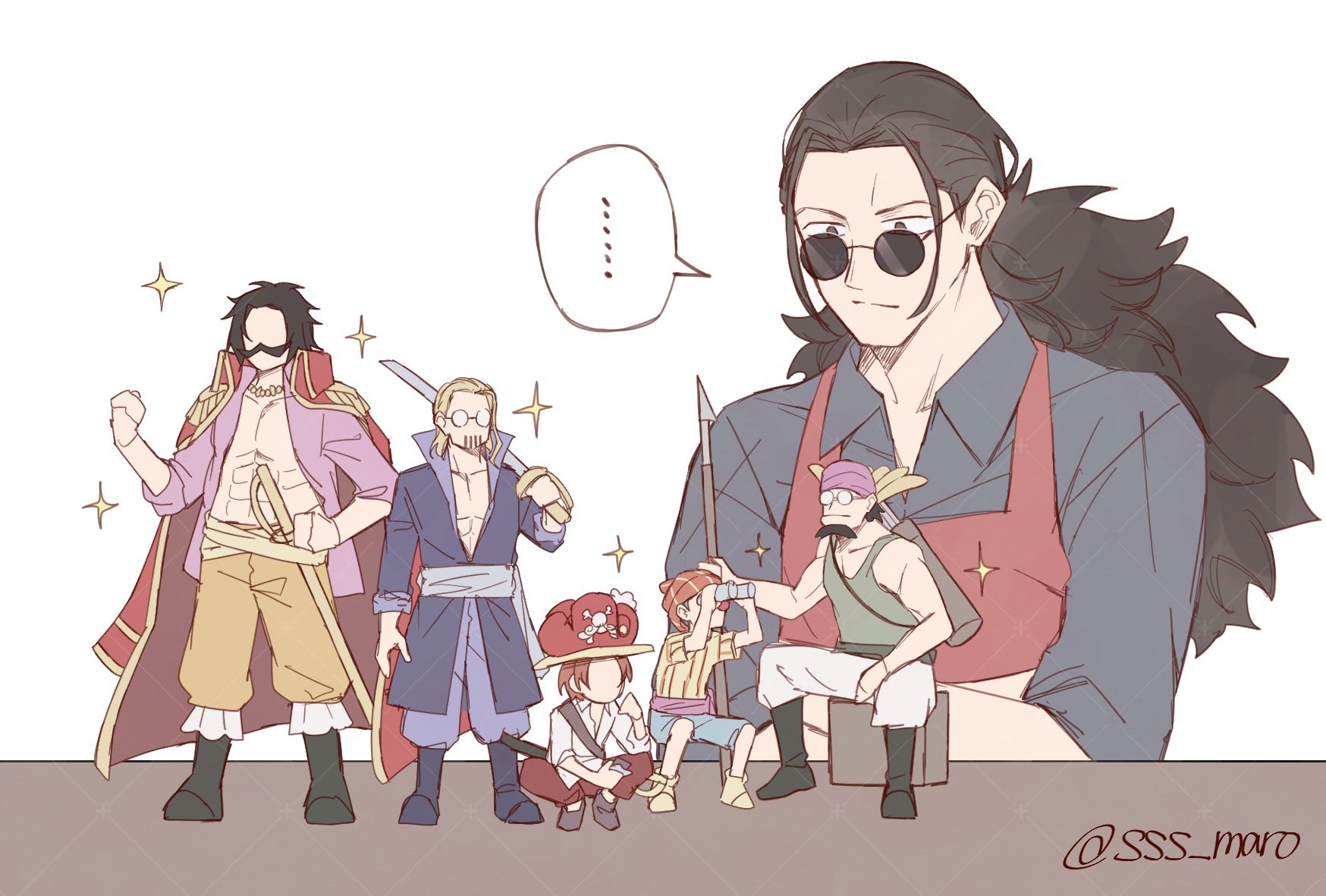 6+boys abs apron beard black_hair black_shirt blonde_hair buggy_the_clown closed_mouth coat coat_on_shoulders commentary crocus_(one_piece) epaulettes facial_hair figure full_body glasses gol_d._roger highres holding holding_sword holding_weapon long_hair multiple_boys one_piece pants red_apron round_eyewear scopper_gaban shanks_(one_piece) shirt short_hair silvers_rayleigh simple_background sitting sparkle sss_maro sword twitter_username weapon white_background yellow_pants