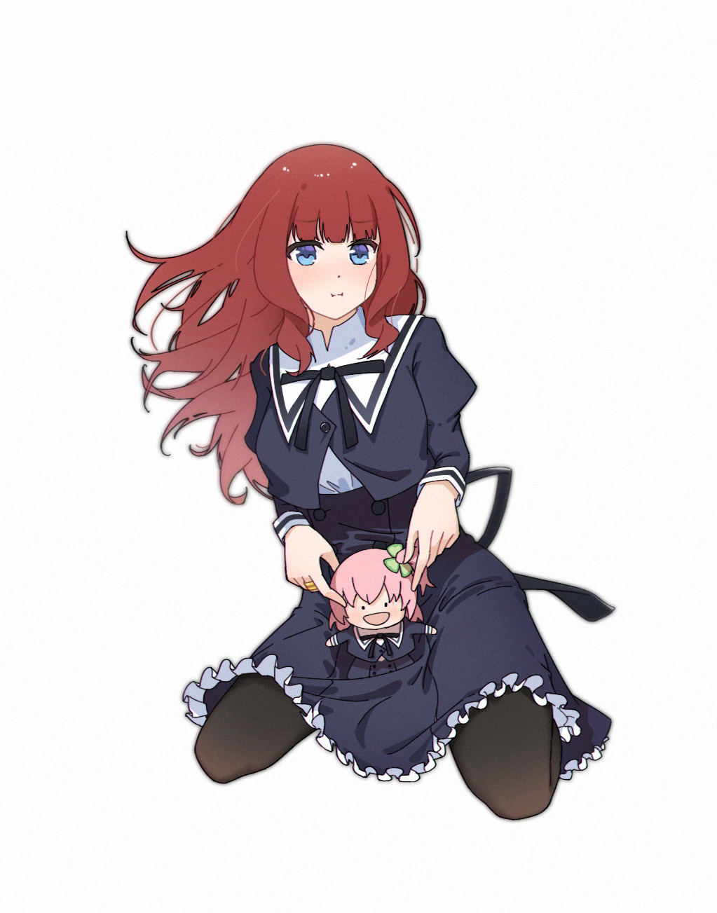 1girl :i aderzorns assault_lily black_pantyhose black_ribbon black_skirt blue_eyes blunt_bangs breasts brown_hair buttons character_doll chinese_commentary closed_mouth commentary_request cropped_jacket doll full_body hands_up high-waist_skirt highres hitotsuyanagi_riri holding holding_doll jewelry juliet_sleeves kaede_johan_nouvel kneeling light_blush long_hair long_sleeves looking_at_viewer medium_breasts miniskirt neck_ribbon pantyhose pout puffy_sleeves ribbon ring school_uniform shirt sidelocks simple_background skirt solo wavy_hair white_background white_shirt yurigaoka_girls_academy_school_uniform