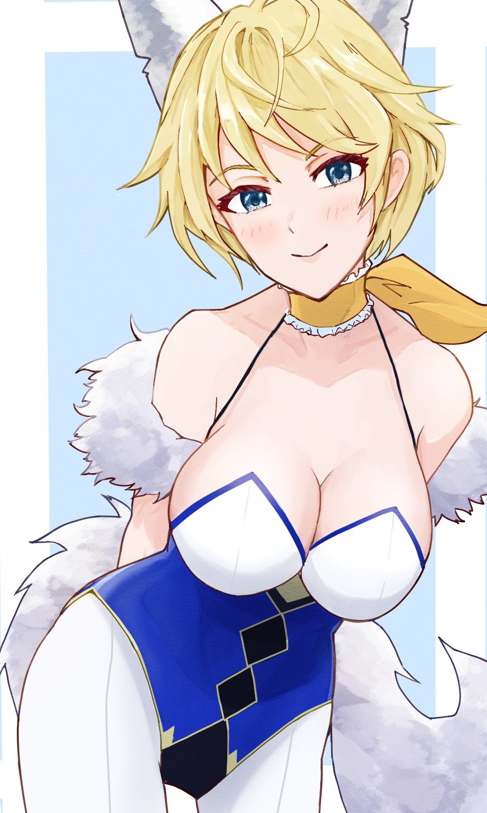 1girl alternate_costume animal_ears bare_shoulders blonde_hair blue_eyes blue_leotard breasts cleavage fake_animal_ears fake_tail fire_emblem fire_emblem_engage highres large_breasts leotard merrin_(fire_emblem) nintendo strixinkagoshim tail wolf_ears