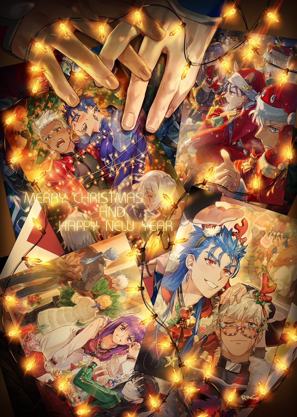 2boys archer_(fate) archer_alter_(fate) artoria_pendragon_(fate) blue_hair blush bodysuit christmas christmas_tree cu_chulainn_(caster)_(fate) cu_chulainn_(fate) cu_chulainn_(fate/stay_night) cu_chulainn_alter_(fate) cu_chulainn_alter_(fate/grand_order) dark-skinned_male dark_skin earrings emiya_alter fate/grand_order fate/stay_night fate_(series) g0ringo happy_new_year highres holding_hands interlocked_fingers jack_the_ripper_(fate/apocrypha) jeanne_d&#039;arc_(fate) jeanne_d&#039;arc_alter_santa_lily_(fate) jewelry kuzuki_souichirou laughing long_hair male_focus matou_sakura medea_(caster)_(fate) medea_(fate) merry_christmas multiple_boys new_year ornament photo_(object) ponytail red_eyes saber_(fate) short_hair tohsaka_rin white_hair