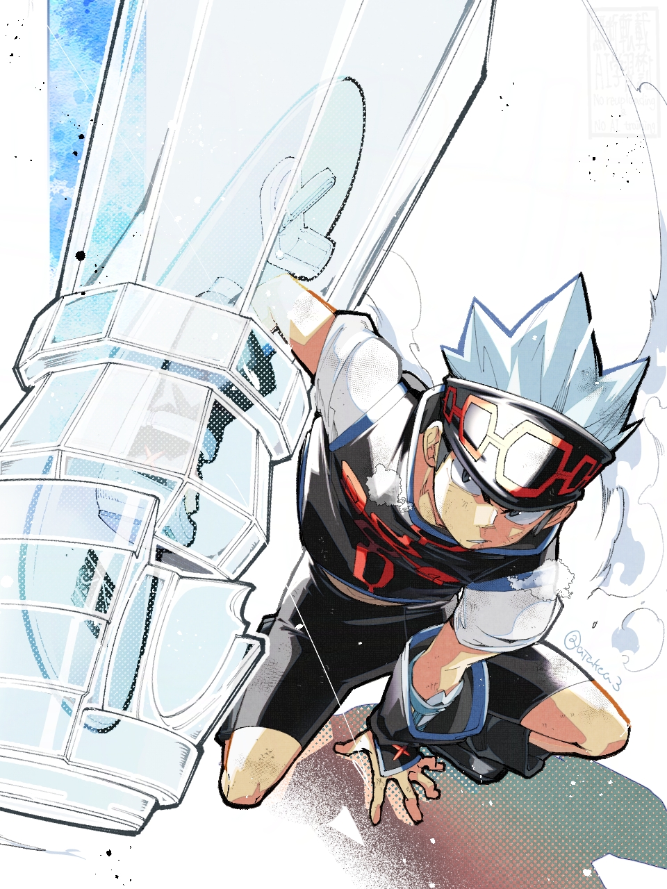 1boy black_shirt black_shorts blue_hair full_body highres ice male_focus shaman_king shirt short_hair shorts snowboard solo takeuchi_(a3) usui_horokeu white_shirt