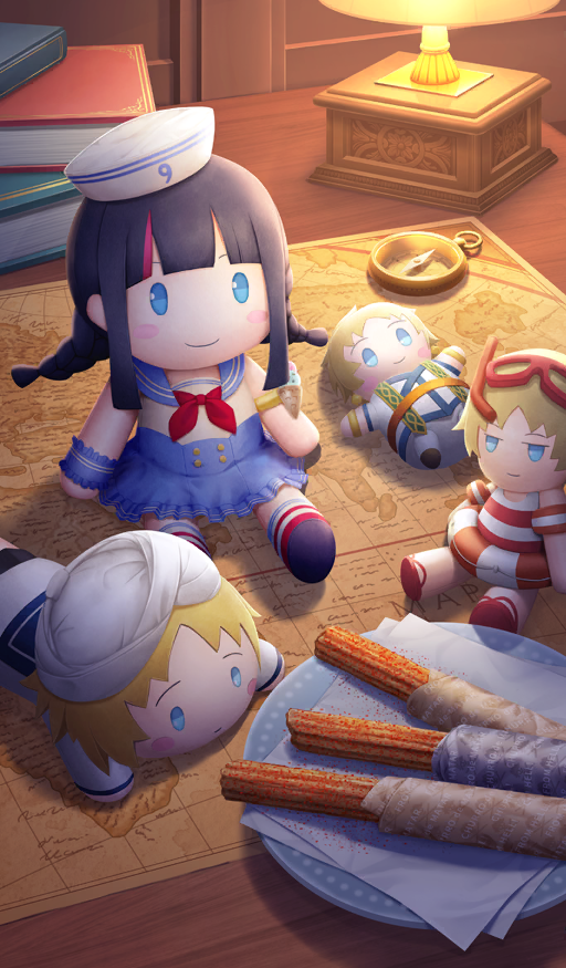 blush_stickers book book_stack character_doll churro commentary compass cosplay fate/grand_order fate_(series) food indoors jason_(fate) jason_(fate)_(cosplay) lamp map marine_nemo_(fate) marine_nemo_(fate)_(cosplay) napkin nemo_(fate) nesoberi no_humans object_focus official_art plate still_life sweets third-party_source utsumi_erice utsumi_erice_(swimsuit_avenger) utsumi_erice_(swimsuit_avenger)_(second_ascension) voyager_(fate) yume32ki