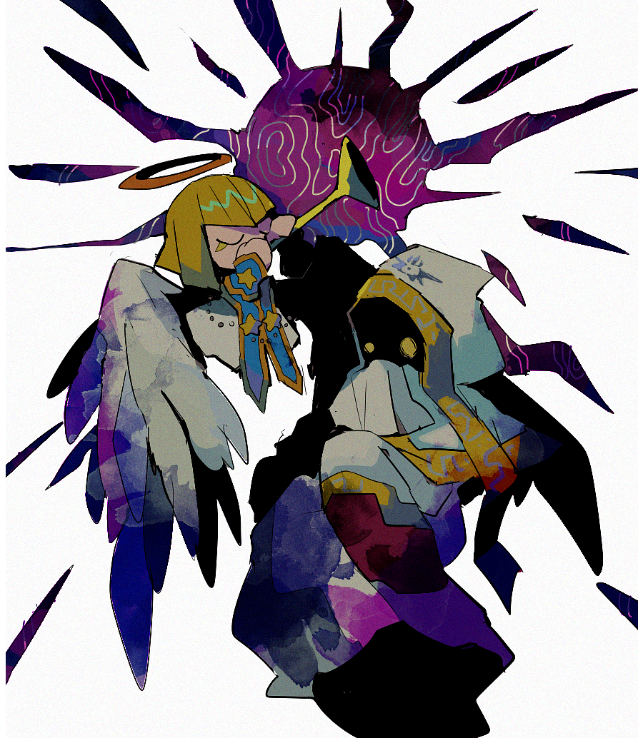 1boy 1girl alternate_costume angel angel_wings blonde_hair eyeshadow halo hood horn_(instrument) hyness kirby_star_allies kirby_(series) makeup nintendo robe soumenhiyamugi void_termina white_background wings yellow_eyes zan_partizanne