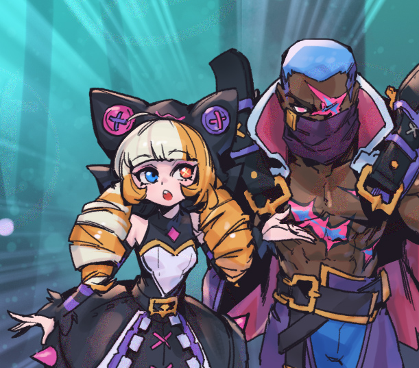1boy 1girl :o animal_ears bare_shoulders belt black_belt black_dress blue_eyes blue_hair blue_pants brown_hair cat_ears dark-skinned_male dark_skin dress drill_hair fake_animal_ears gwen_(league_of_legends) league_of_legends looking_to_the_side mask mouth_mask pants phantom_ix_row pyke_(league_of_legends) red_eyes scar scar_across_eye scar_on_face short_hair sideways_glance soul_fighter_gwen soul_fighter_pyke symbol_in_eye tattoo teeth twin_drills twintails upper_teeth_only white_dress white_hair