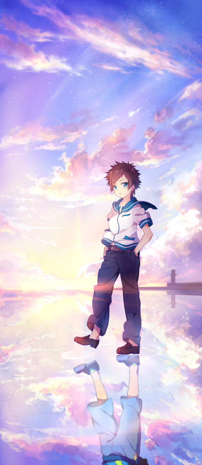 10s 1boy blue_eyes brown_hair different_reflection hands_in_pockets highres male_focus nagi_no_asukara reflection sailor_collar sakishima_hikari school_uniform shigaraki_(strobe_blue) short_hair solo