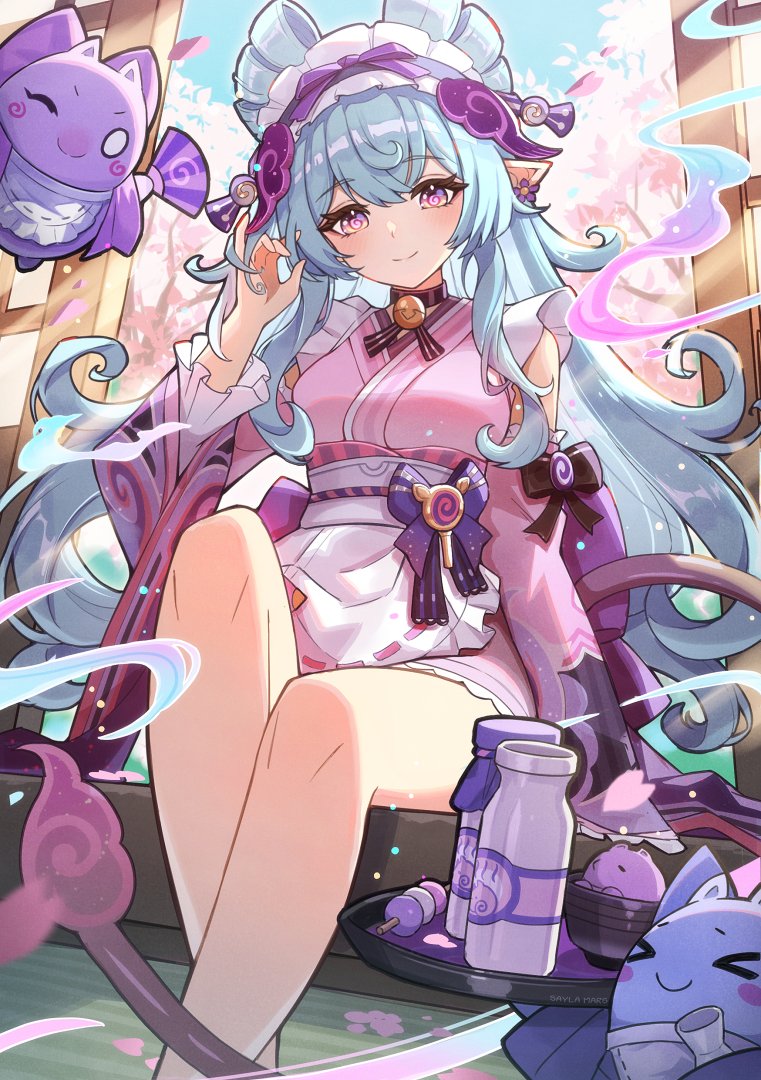 1girl alt_text apron black_bow black_choker blue_hair bow bowtie choker closed_mouth commentary dango dango_milk_(genshin_impact) detached_sleeves english_commentary food frilled_hairband frills genshin_impact hair_between_eyes hairband hand_in_own_hair hand_up japanese_clothes kimono long_hair long_sleeves looking_at_viewer maid nihongami pink_kimono pink_shirt pointy_ears purple_bow purple_eyes saylamars shirt sitting smile solo symbol-shaped_pupils tail tapir_tail very_long_hair wagashi waist_apron white_apron yumemizuki_mizuki