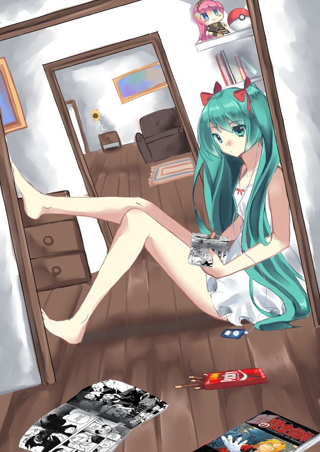 1girl barefoot character_doll comic digital_media_player dress dutch_angle earbuds earphones edward_elric female_focus food fullmetal_alchemist green_eyes green_hair hatsune_miku indoors ipod long_hair manga_(object) matching_hair/eyes megurine_luka nintendo pocky poke_ball pokemon reading sitting solo twintails very_long_hair vocaloid watashishi white_dress wooden_floor