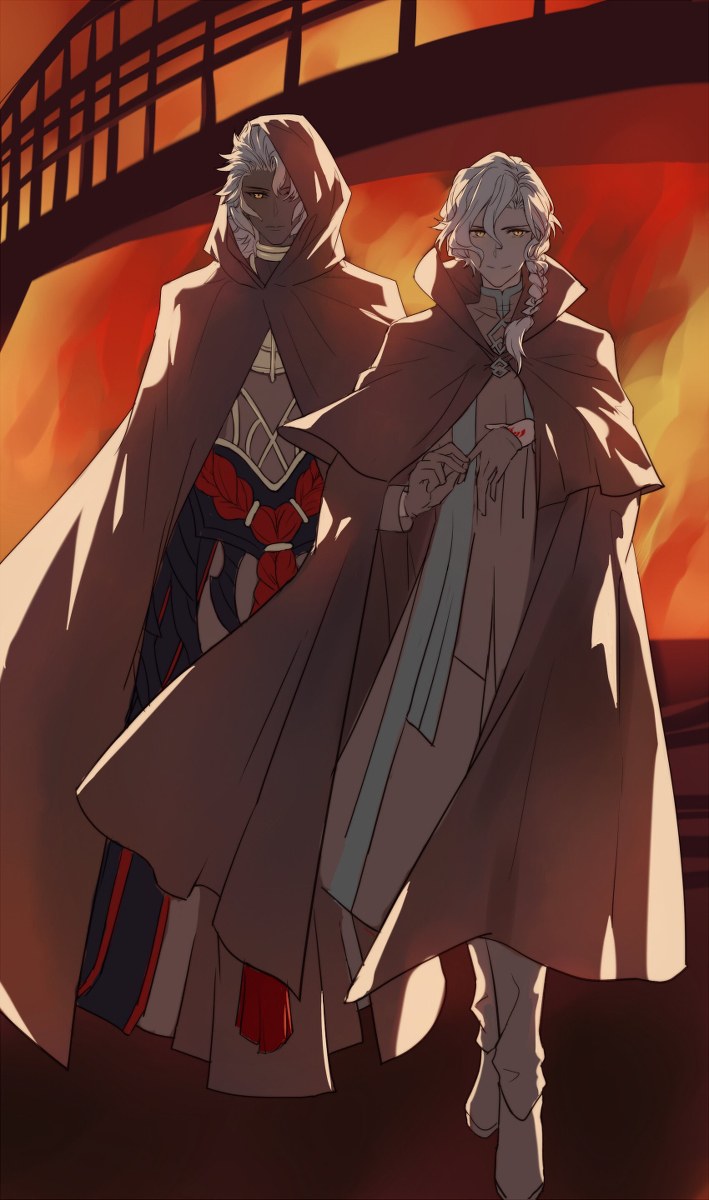 2boys braid bridge cloak dark-skinned_male dark_skin fate/grand_order fate_(series) fire full_body gloves unworn_gloves highres hood hooded_cloak jewelry looking_at_viewer male_focus marisbury_animusphere multiple_boys neck_ring robe rope side_braid single_braid smile solomon_(fate) white_hair yellow_eyes