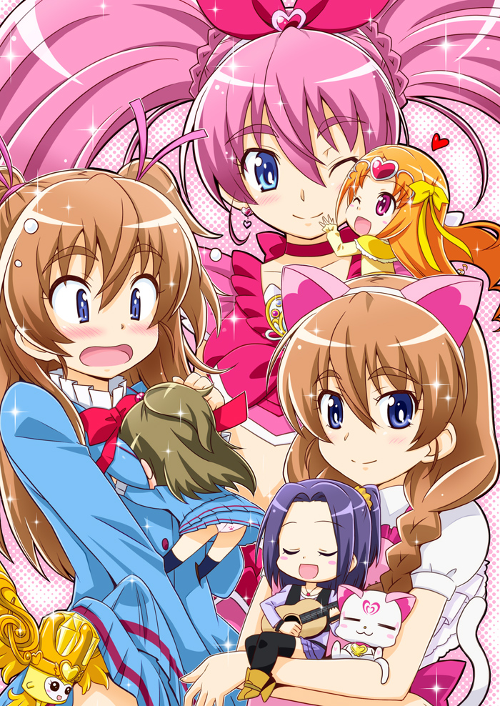10s 6+girls alternate_hairstyle animal_ears between_breasts black_legwear blue_eyes blue_shirt blush boots bow braid breasts brooch brown_hair cat cat_tail chibi choker circlet crescendo_tone cure_melody cure_muse cure_muse_(yellow) fake_animal_ears guitar hair_bow hair_over_shoulder hairband half_updo heart houjou_hibiki hummy_(suite_precure) instrument jewelry kurokawa_eren long_hair magical_girl minamino_kanade multiple_girls multiple_persona one_eye_closed orange_hair panties pink_bow pink_eyes pink_hair precure purple_hair school_uniform seiren_(suite_precure) shirabe_ako shirt side_ponytail smile socks suite_precure tail thighhighs twintails two_side_up underwear white_panties wink yellow_bow yuuma_(artist) yuuma_(skirthike)