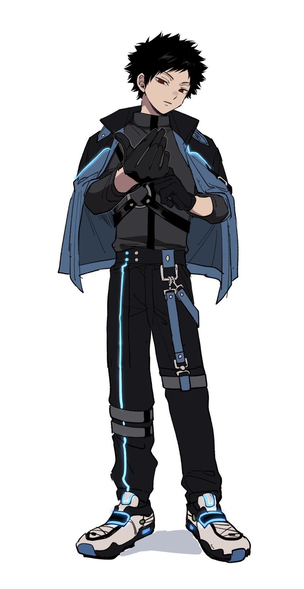 1boy aoi_(yooo009) black_gloves black_hair black_jacket black_pants black_shirt blue_jacket closed_mouth full_body gloves hands_up highres jacket jacket_on_shoulders kazama_souya leg_belt long_sleeves looking_at_viewer male_focus open_clothes open_jacket pants red_eyes shirt shoes short_hair simple_background sneakers solo standing two-sided_fabric white_background white_shoes world_trigger