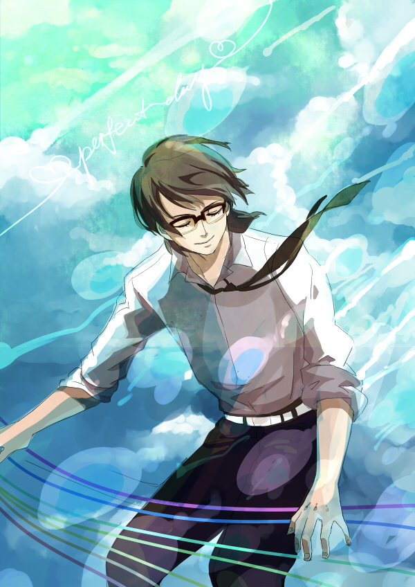 1boy above_clouds aged_up black_hair black_necktie closed_eyes cloud cowboy_shot floating floating_hair glasses instrument kalalaka male_focus medium_hair music necktie nishimi_kaoru playing_instrument playing_piano sakamichi_no_apollon shirt sleeves_rolled_up smile solo wind