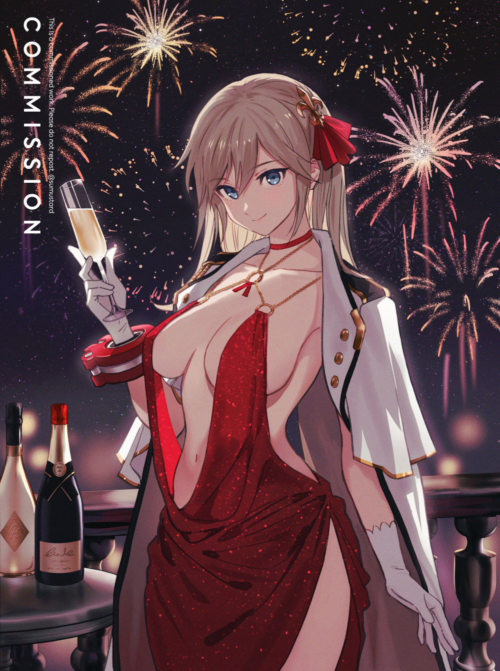 1girl aerial_fireworks alcohol alisa_ilinichina_amiella alternate_costume blue_eyes bracer breasts champagne champagne_bottle champagne_flute choker cleavage closed_mouth coat coat_on_shoulders collarbone commentary commission cup dress drinking_glass evening_gown fireworks gloves god_eater god_eater_2:_rage_burst grey_hair hair_between_eyes hair_ribbon hand_up highres holding holding_cup large_breasts long_hair looking_at_viewer navel night o-ring_dress outdoors railing red_choker red_dress red_ribbon ribbon sidelocks sleeveless sleeveless_dress smile solo standing stomach sumustard table white_coat white_gloves