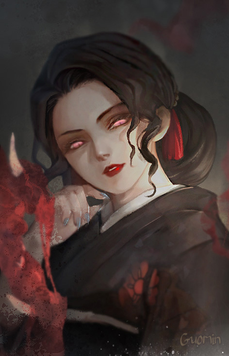 1girl alphard1995 black_hair black_kimono expressionless floral_print japanese_clothes kibutsuji_muzan kibutsuji_muzan_(female) kimetsu_no_yaiba kimono looking_at_viewer red_eyes red_lips slit_pupils solo