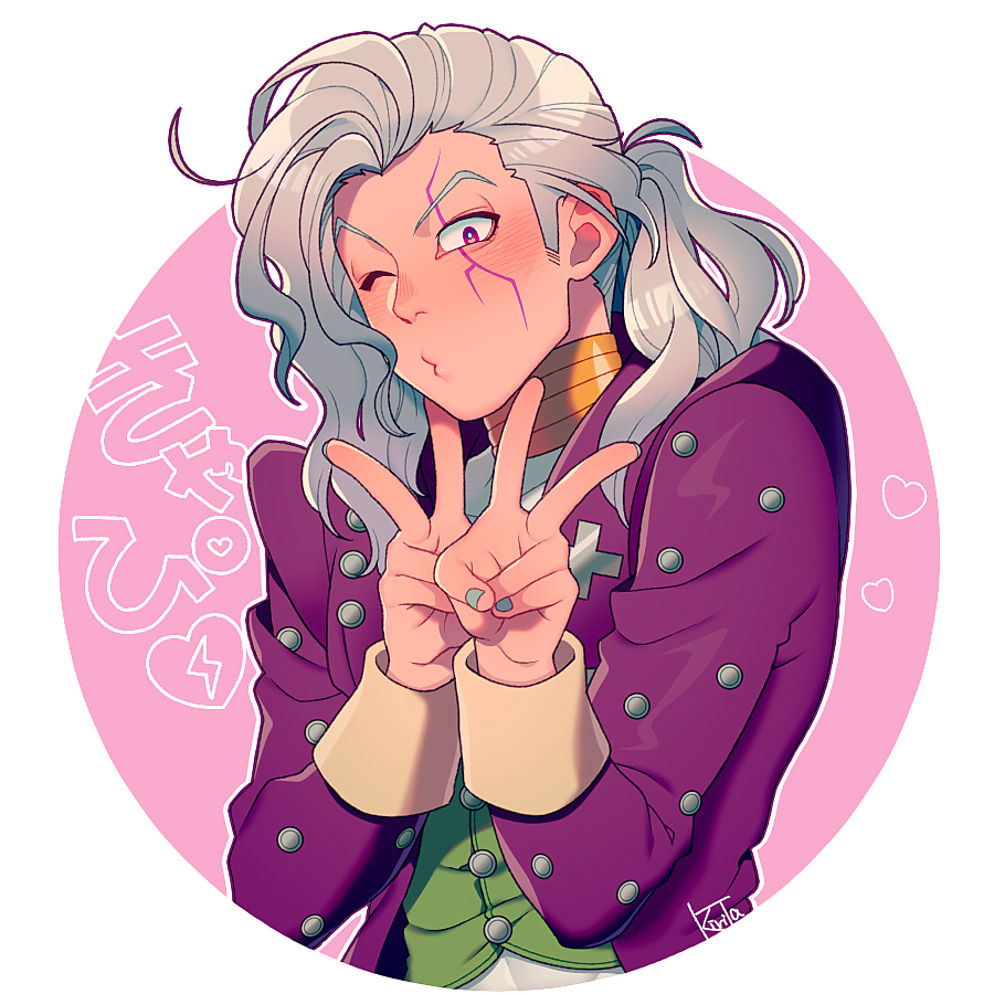 1boy blush bright_pupils coat cowlick diamond_wa_kudakenai double_v eyelashes facial_mark green_vest grey_hair jojo_no_kimyou_na_bouken kiri_futoshi long_hair long_sleeves looking_at_viewer male_focus nail_polish otoishi_akira outline ponytail purple_coat pursed_lips shirt sideburns signature solo translation_request v vest white_outline white_pupils white_shirt