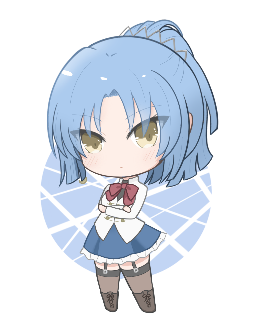 1girl arms_under_breasts assault_lily blue_background blue_hair blue_skirt blunt_ends blush boots bow bowtie brown_boots brown_thighhighs buttons chibi closed_mouth commentary_request crescent crescent_earrings crossed_arms earrings frilled_skirt frills full_body garter_straps hair_ornament happa_no_tanupon herensuge_girls_academy_school_uniform high_ponytail highres jacket jewelry lace-up_boots long_sleeves looking_at_viewer makino_mitake miniskirt parted_bangs ponytail red_bow red_bowtie school_uniform skirt solo thighhighs two-tone_background v-shaped_eyebrows white_background white_jacket yellow_eyes