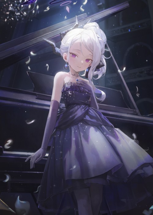 1girl breasts douya_(233) dress elbow_gloves gloves hand_on_own_chest hina_(blue_archive) hina_(dress)_(blue_archive) instrument jewelry looking_at_viewer necklace piano ponytail purple_eyes small_breasts solo strapless strapless_dress tagme white_hair