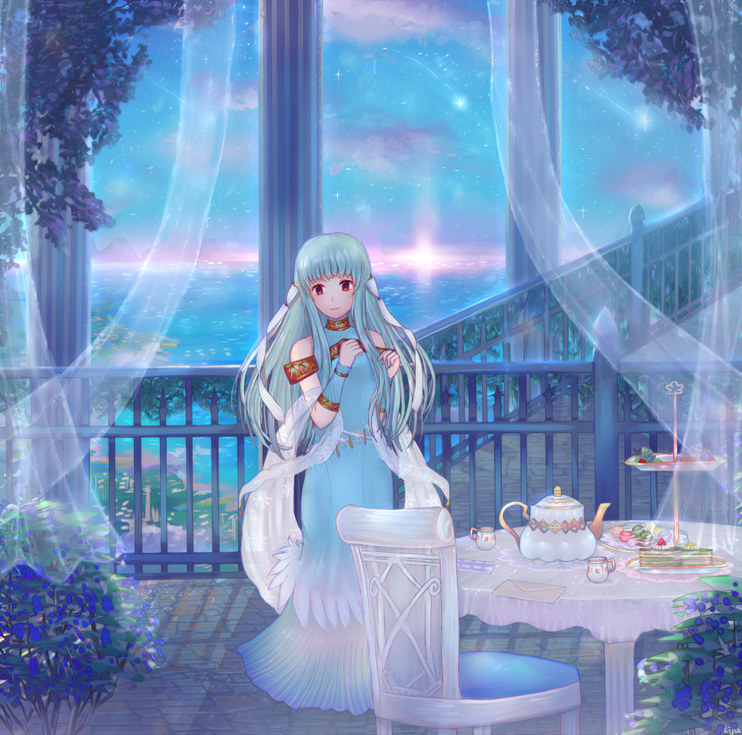 1girl bad_id bad_tumblr_id balcony blue_eyes blue_hair cake cup dress female_focus fire_emblem fire_emblem:_the_blazing_blade food lijupy long_hair ninian_(fire_emblem) nintendo ocean solo solo_focus tea teacup teapot tiered_tray