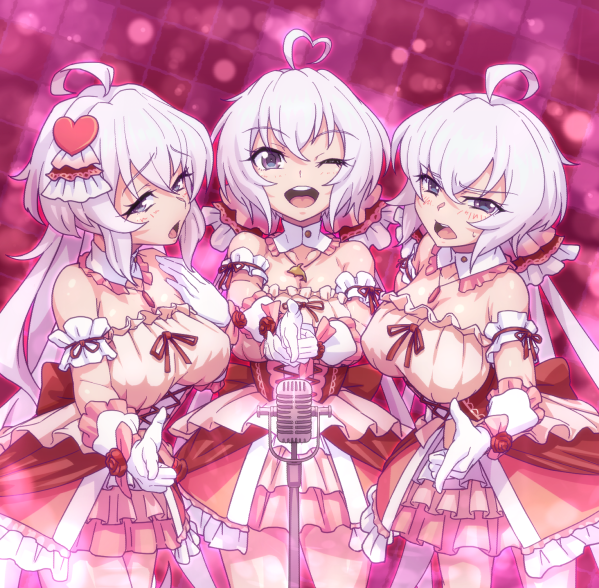 3girls ahoge breasts cleavage covered_erect_nipples detached_collar detached_sleeves finger_gun gloves hair_ornament heart heart_ahoge heart-shaped_hair heart_hair_ornament long_hair low_twintails medium_breasts microphone multiple_girls multiple_persona music one_eye_closed purple_eyes senki_zesshou_symphogear senki_zesshou_symphogear_xd_unlimited singing twintails uganda_(ugandam_00) white_gloves yukine_chris yukine_chris_(another)